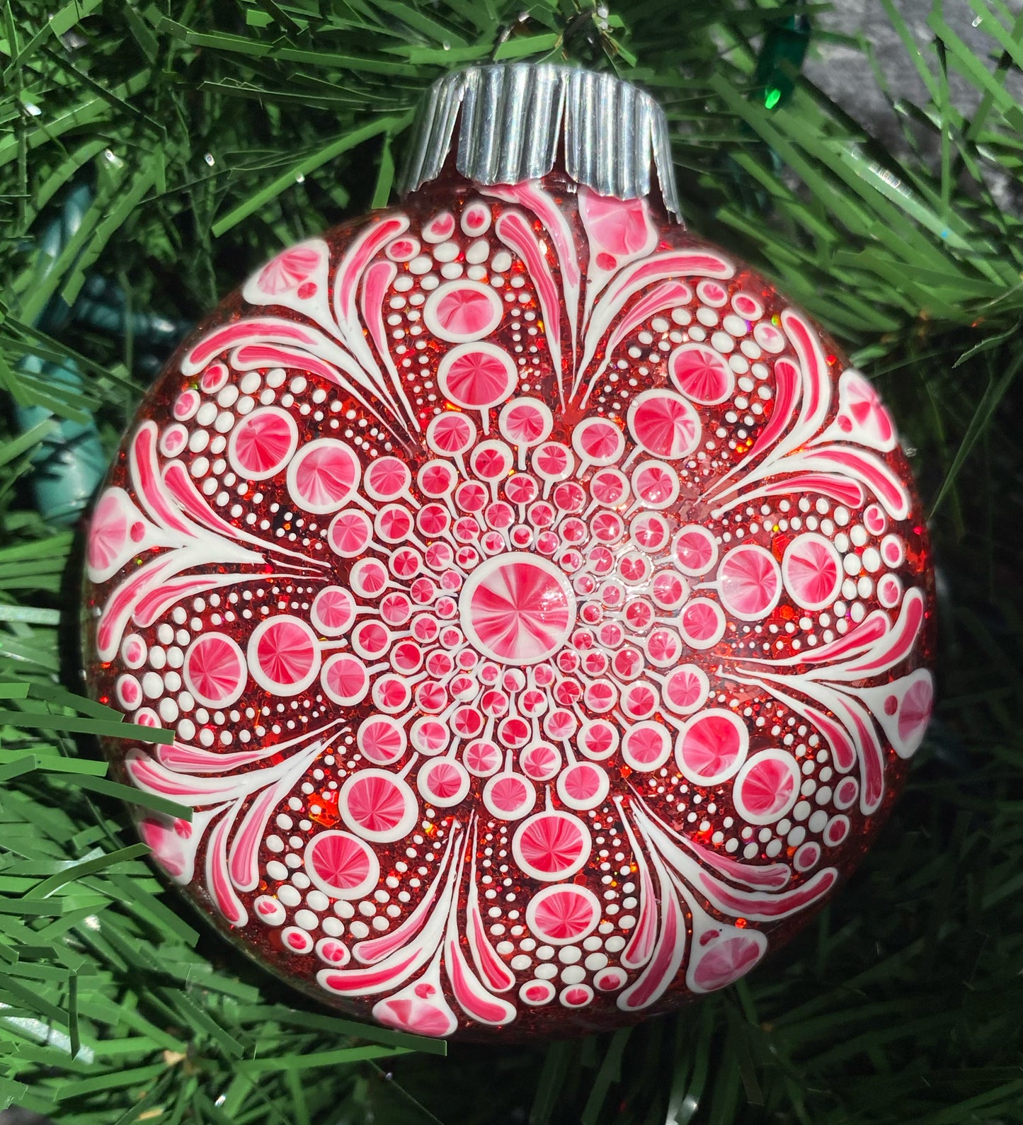 3" White Peppermint Glitter Ornament