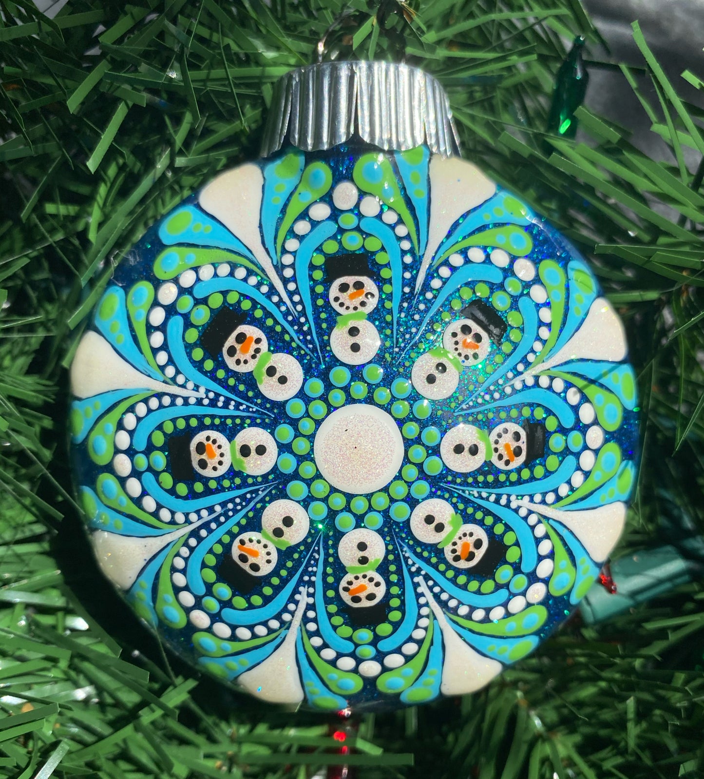 3" Green, Blue & White Snowman Glitter Ornament