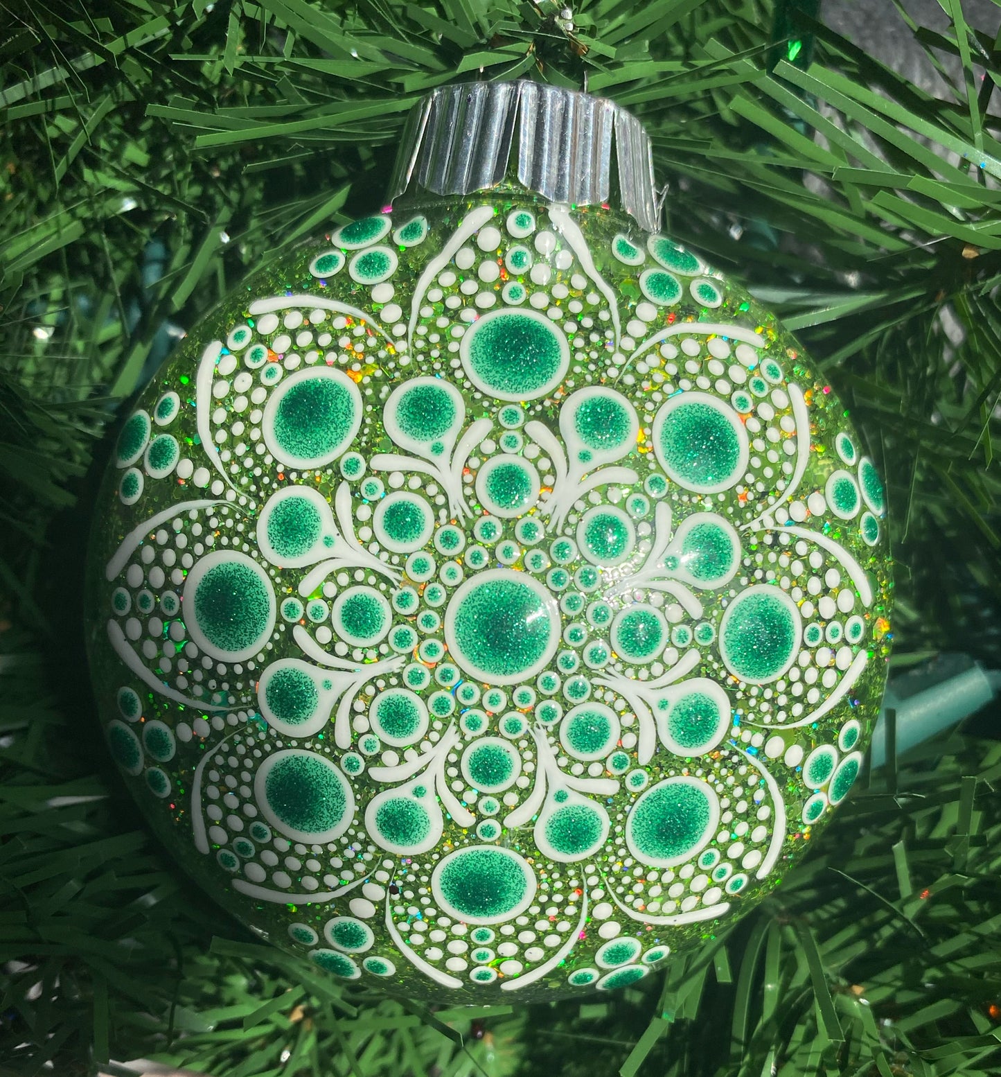 3" Green & White Glitter Ornament