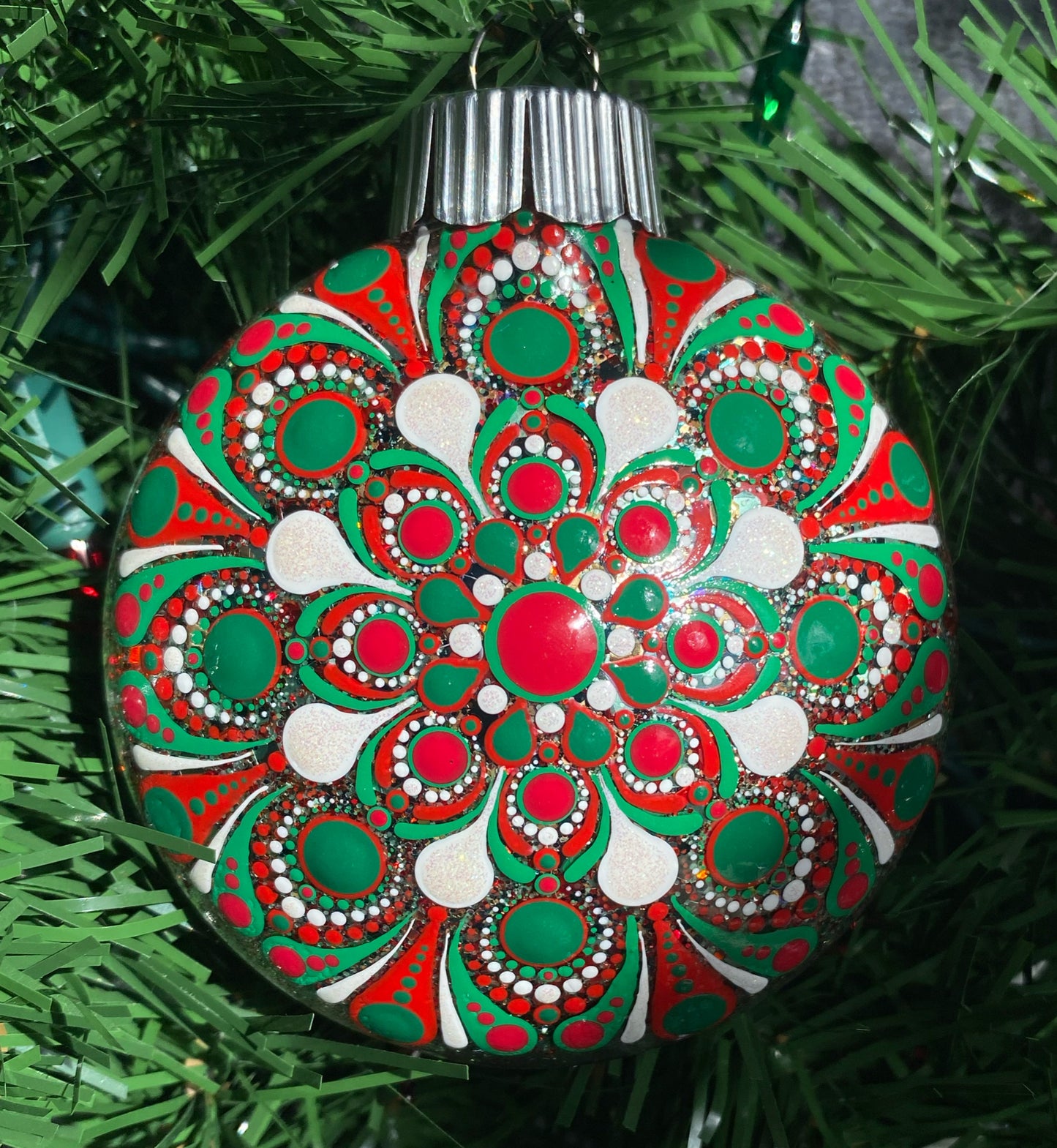 3" Red, Green & White Glitter Ornament
