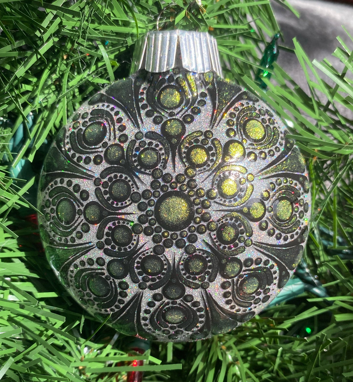 3" Green Color Shift Black Glitter Ornament