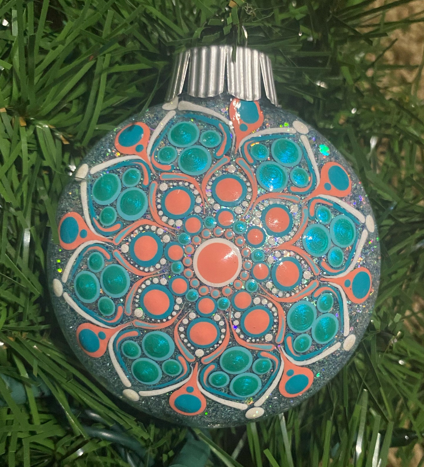 3" Teal, Coral & White Glitter Ornament
