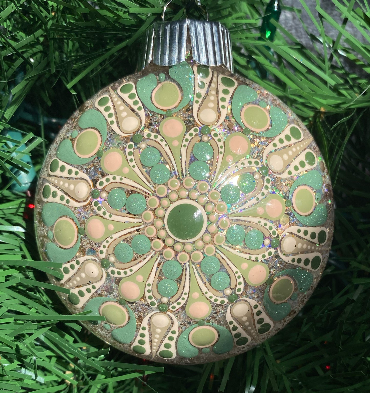 3" Green & Tan Glitter Ornament