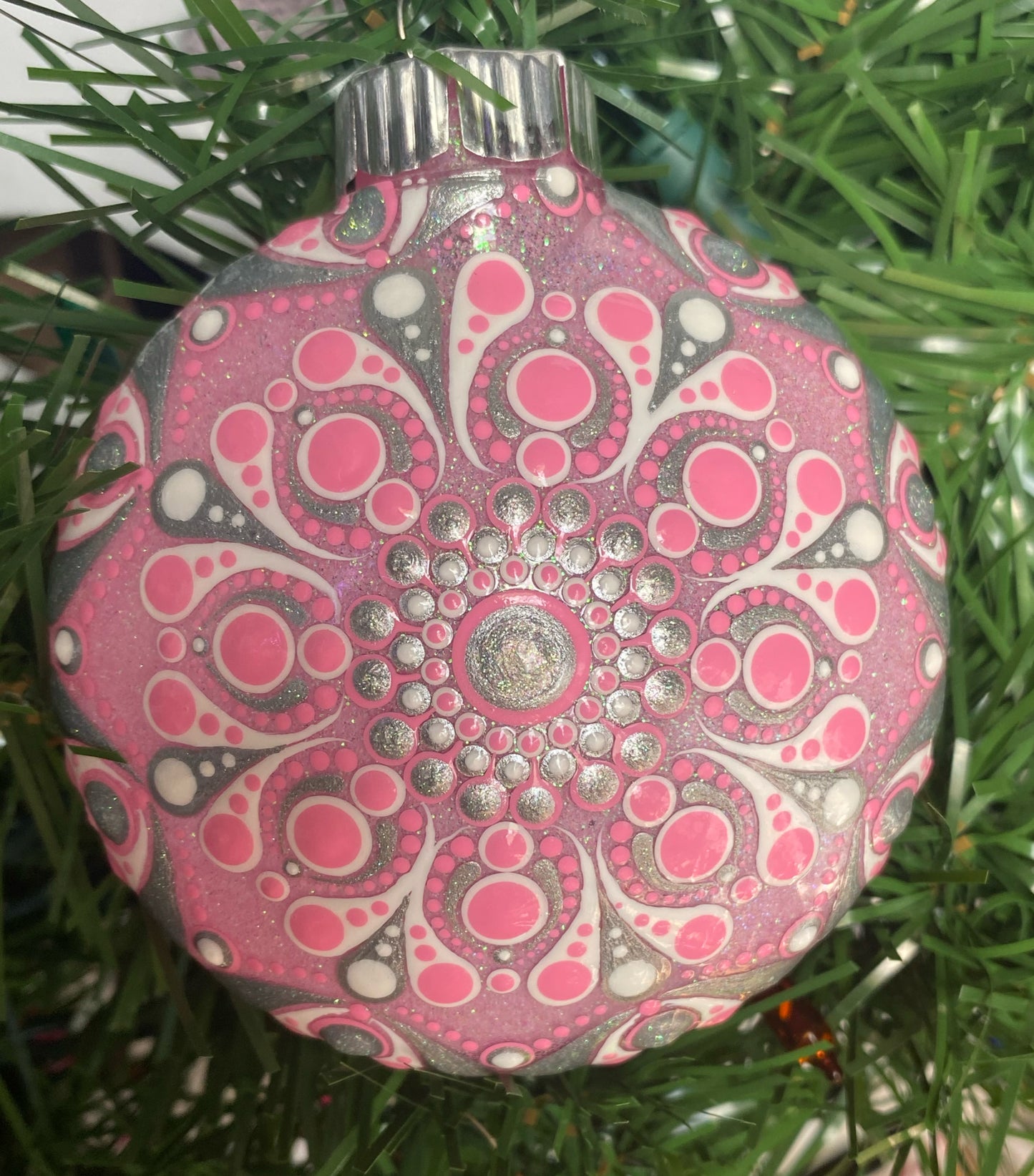 3" Pink, Silver & White Glitter Ornament
