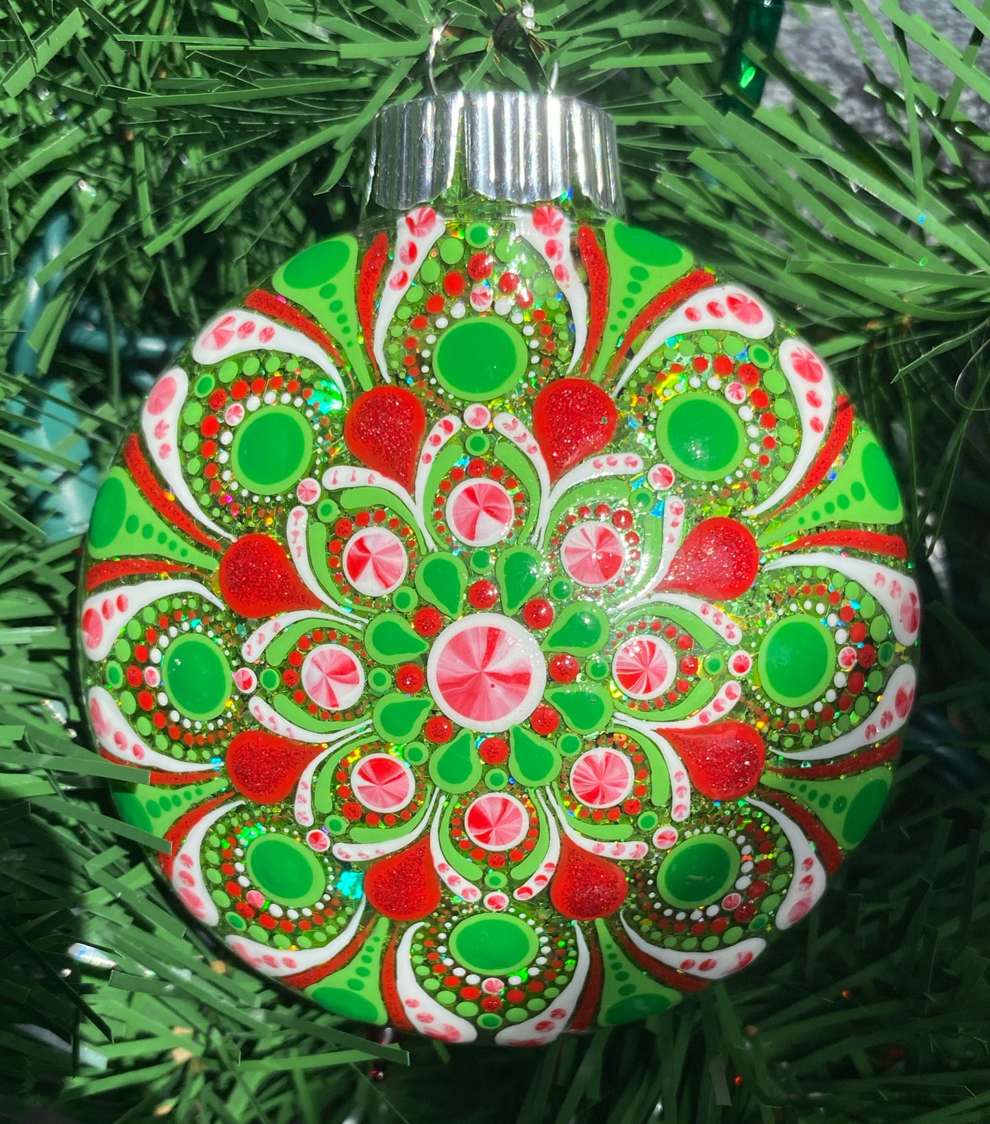 3" Red, Green & White Peppermint Glitter Ornament