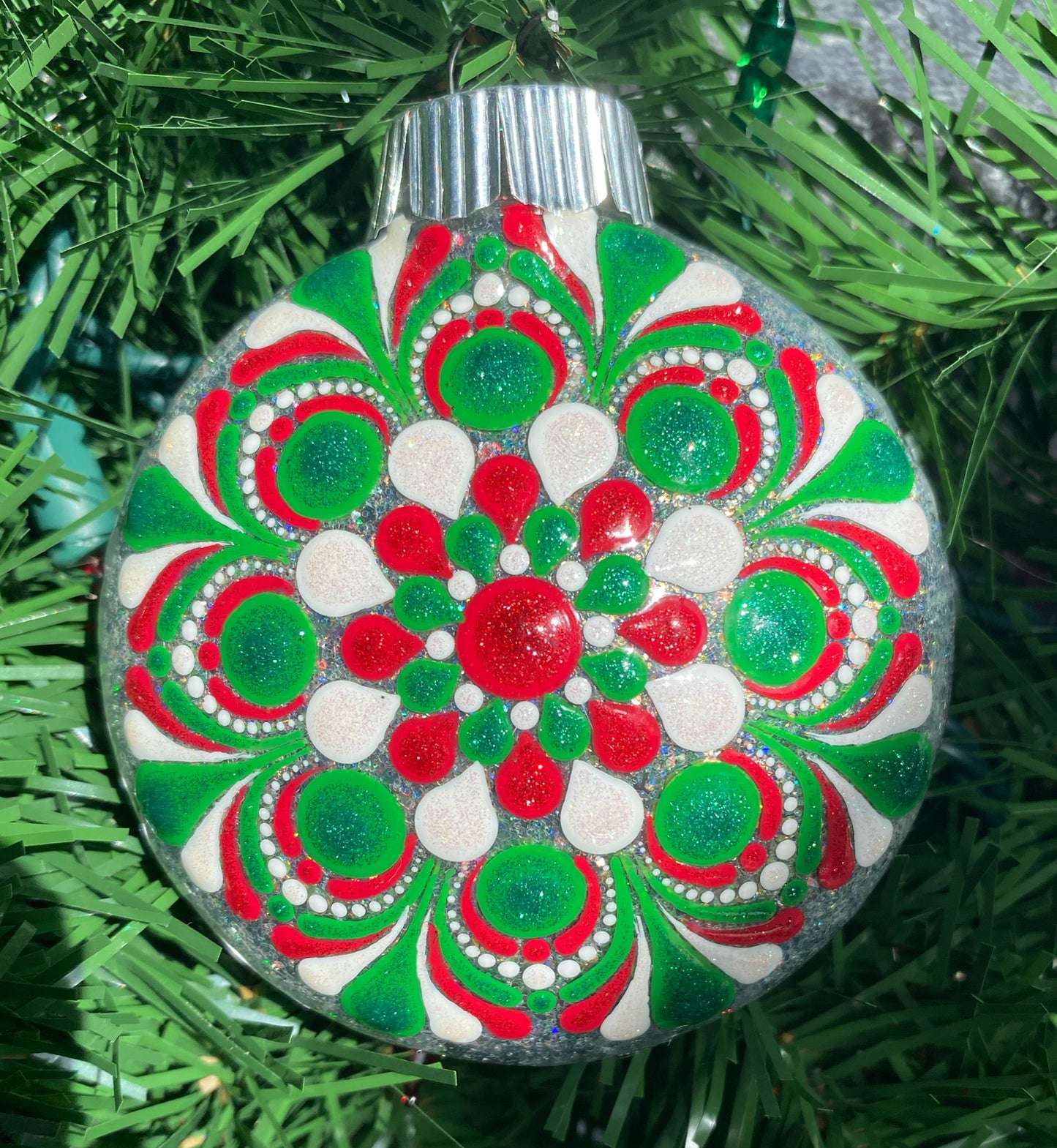 3" Red, Green & White Glitter Ornament
