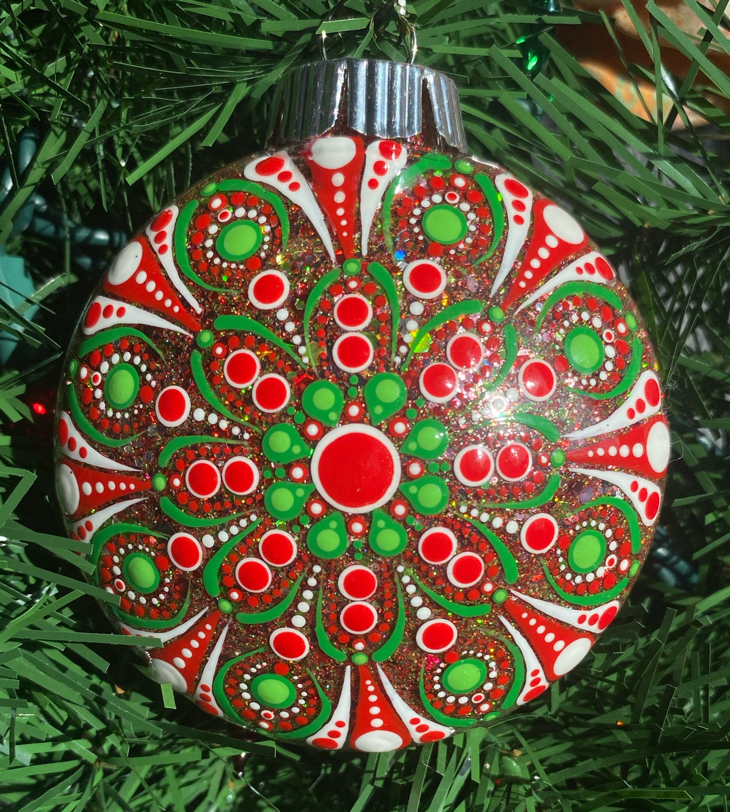 3" Red, Green & White Glitter Ornament