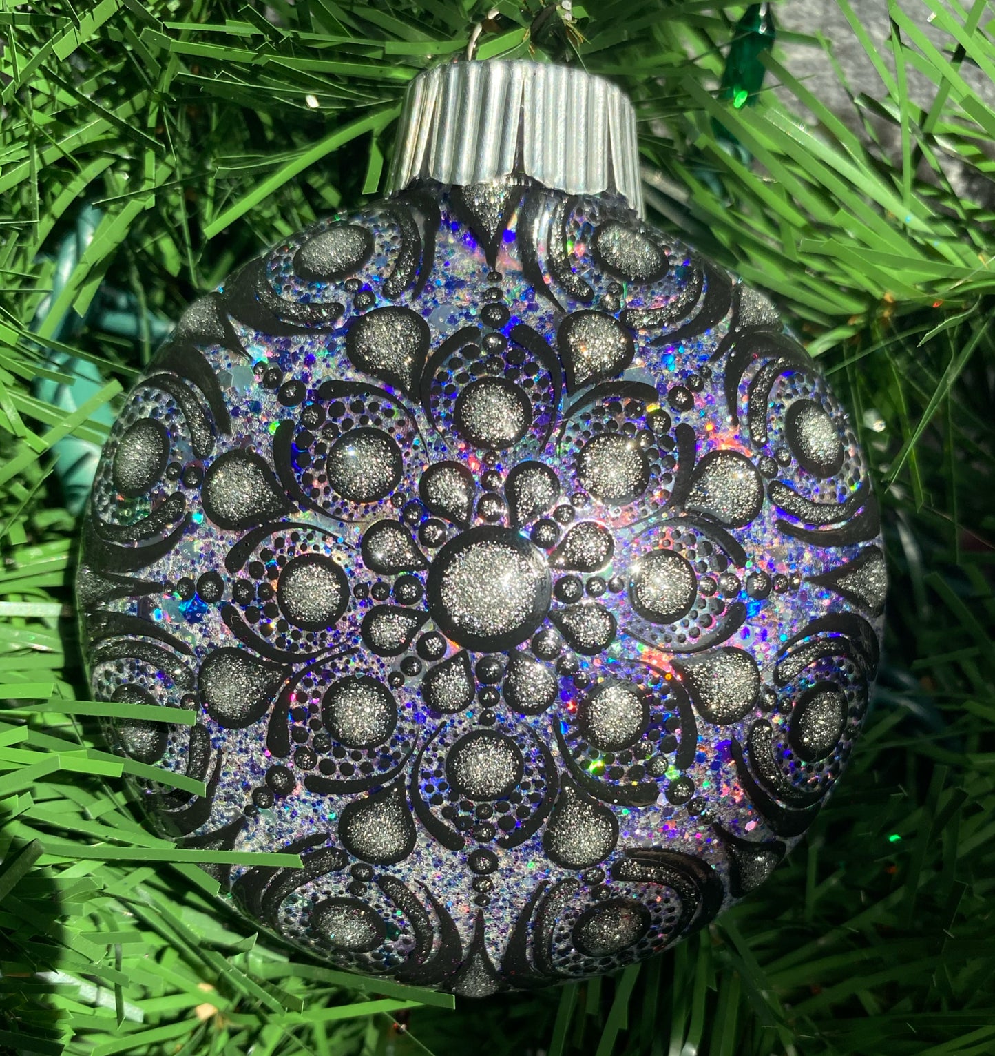 3" Silver Black Glitter Ornament