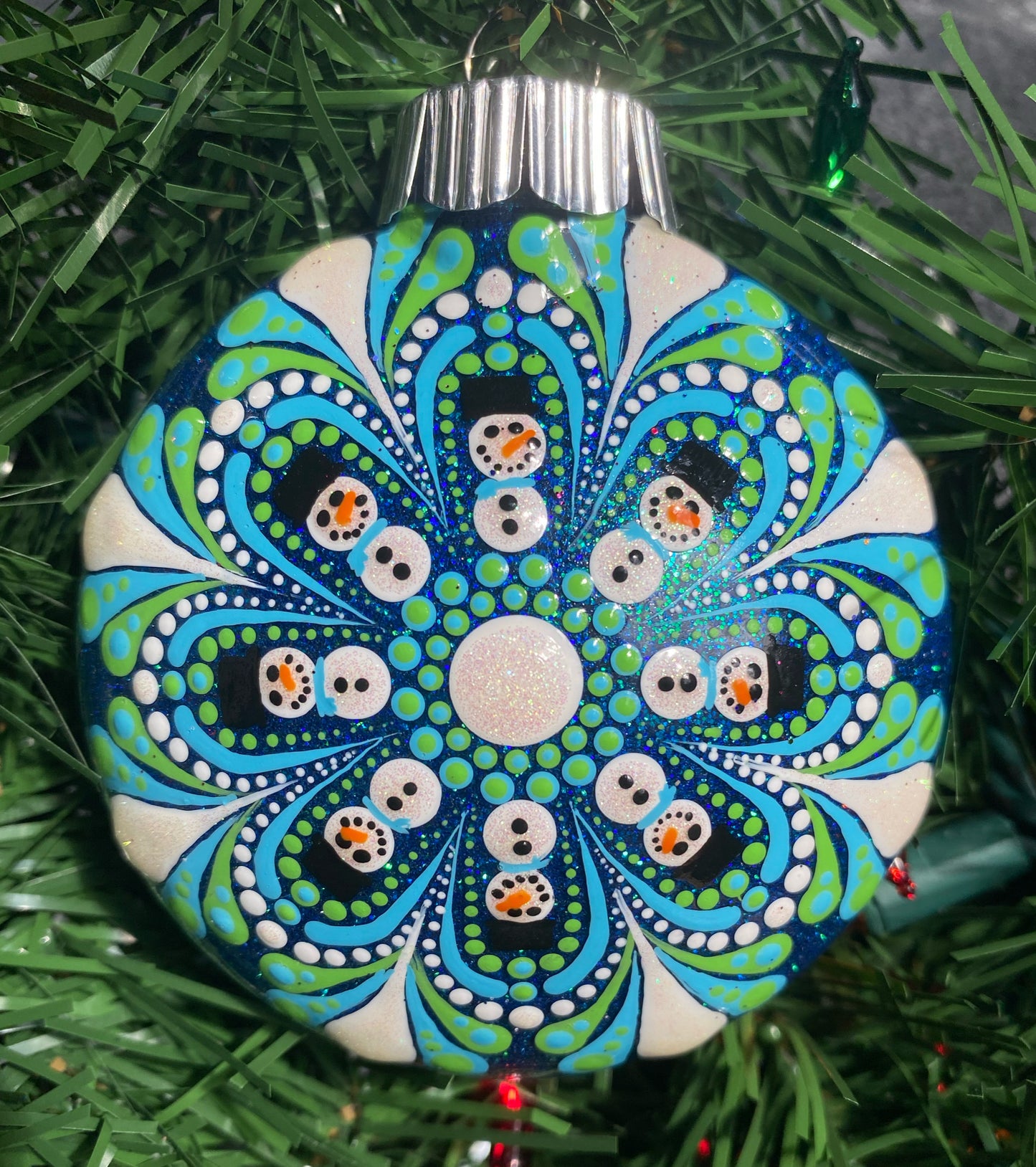 3" Green, Blue & White Snowman Glitter Ornament