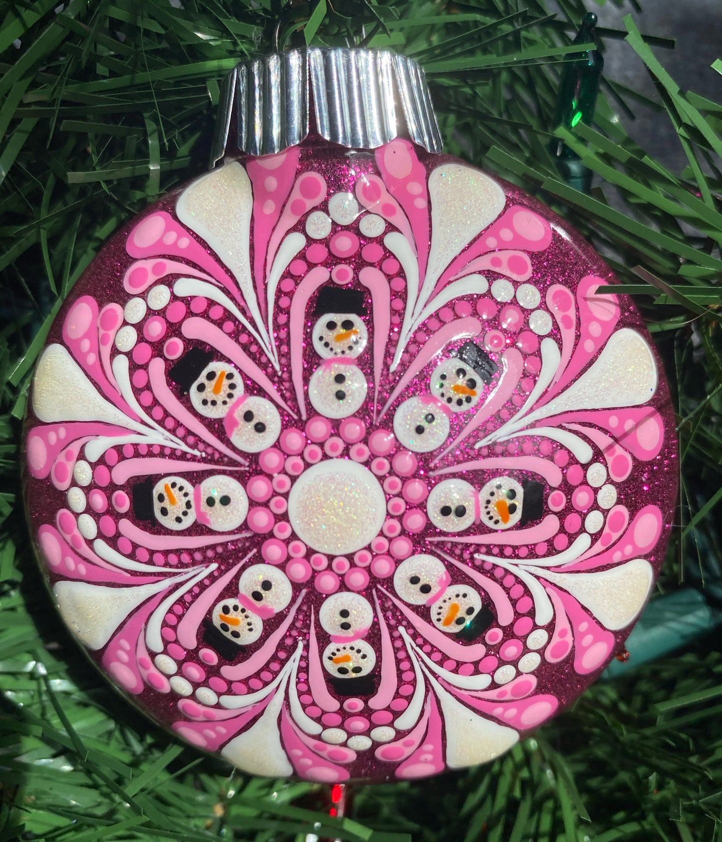 3" Pink & White Snowman Glitter Ornament