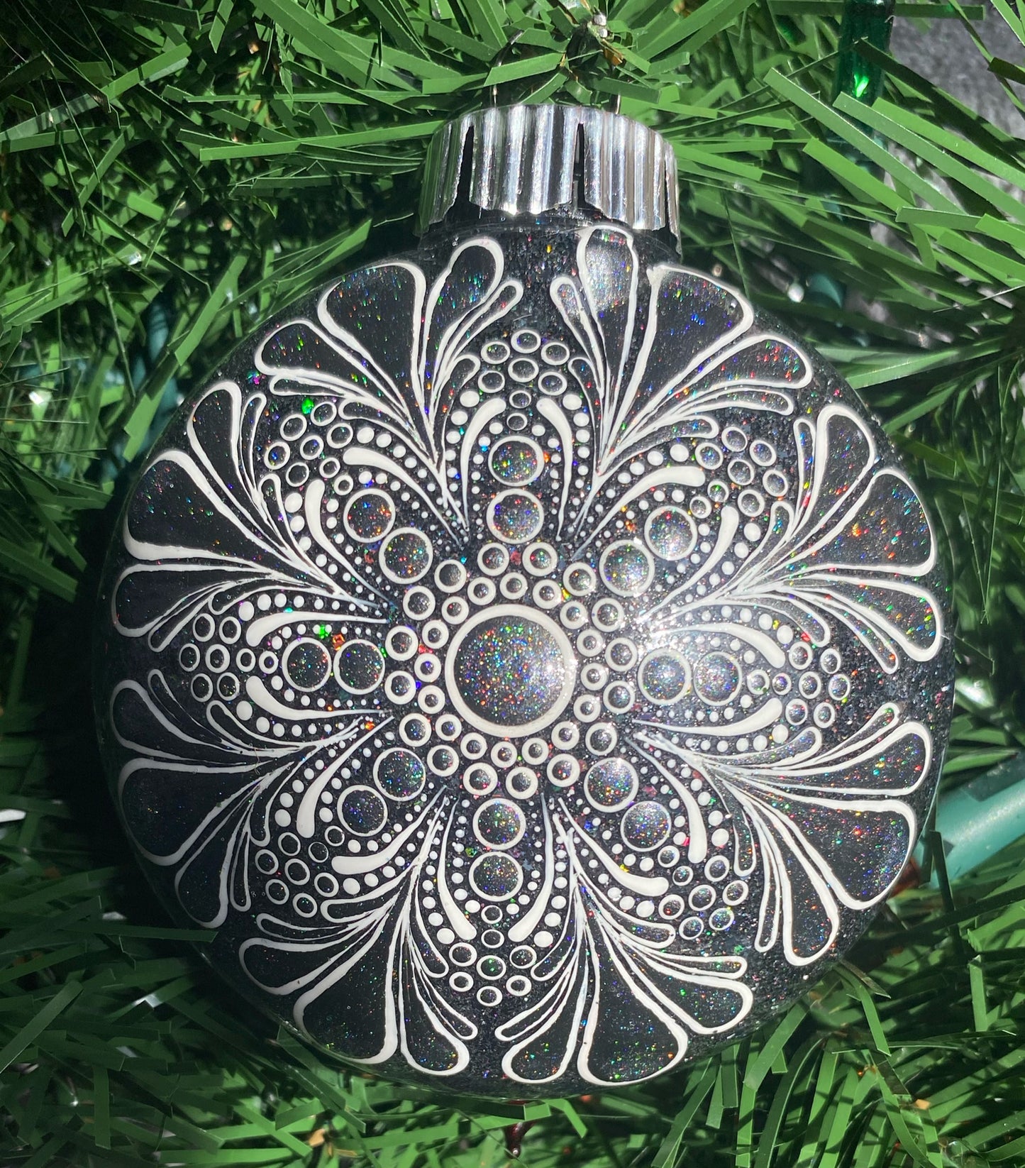 3" Hologram Black White Glitter Ornament