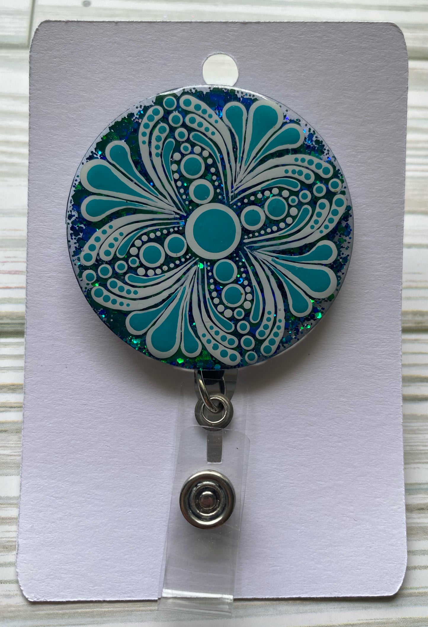 Teal & White Glitter Badge Reel