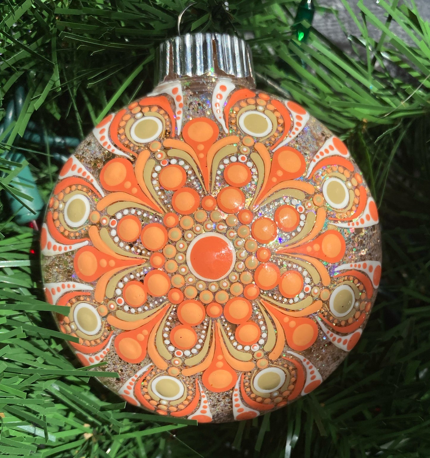 3" Tan, Orange & White Glitter Ornament
