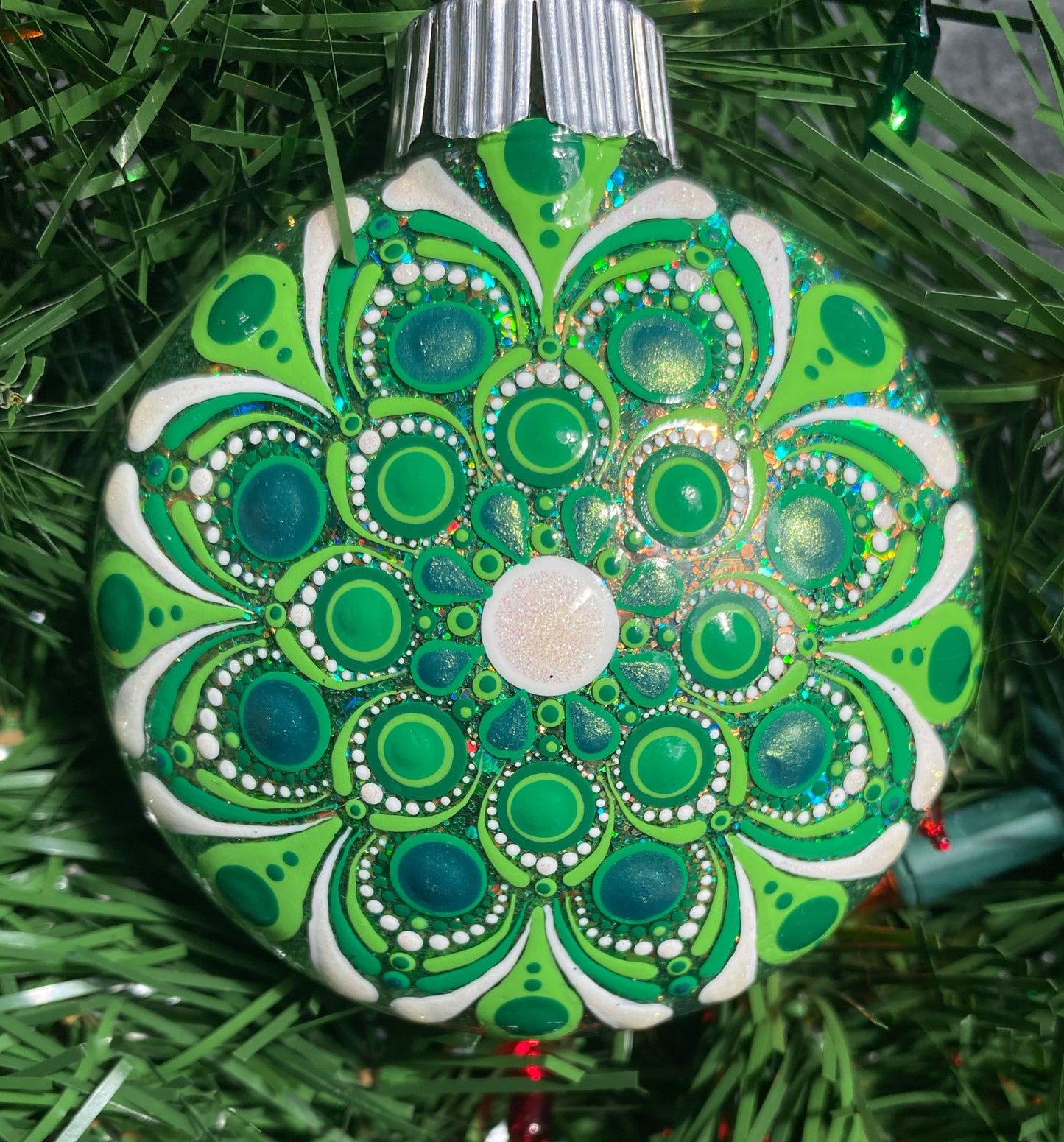 3" Green & White Glitter Ornament