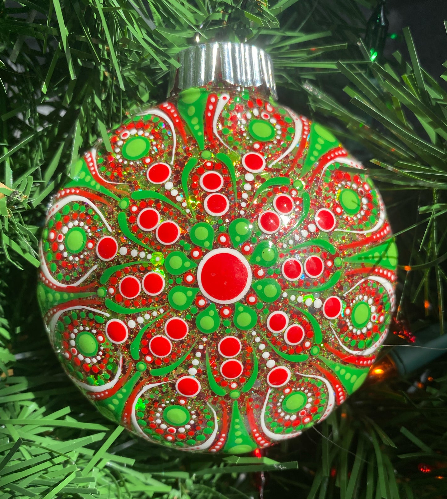 3" Green, Red & White Glitter Ornament