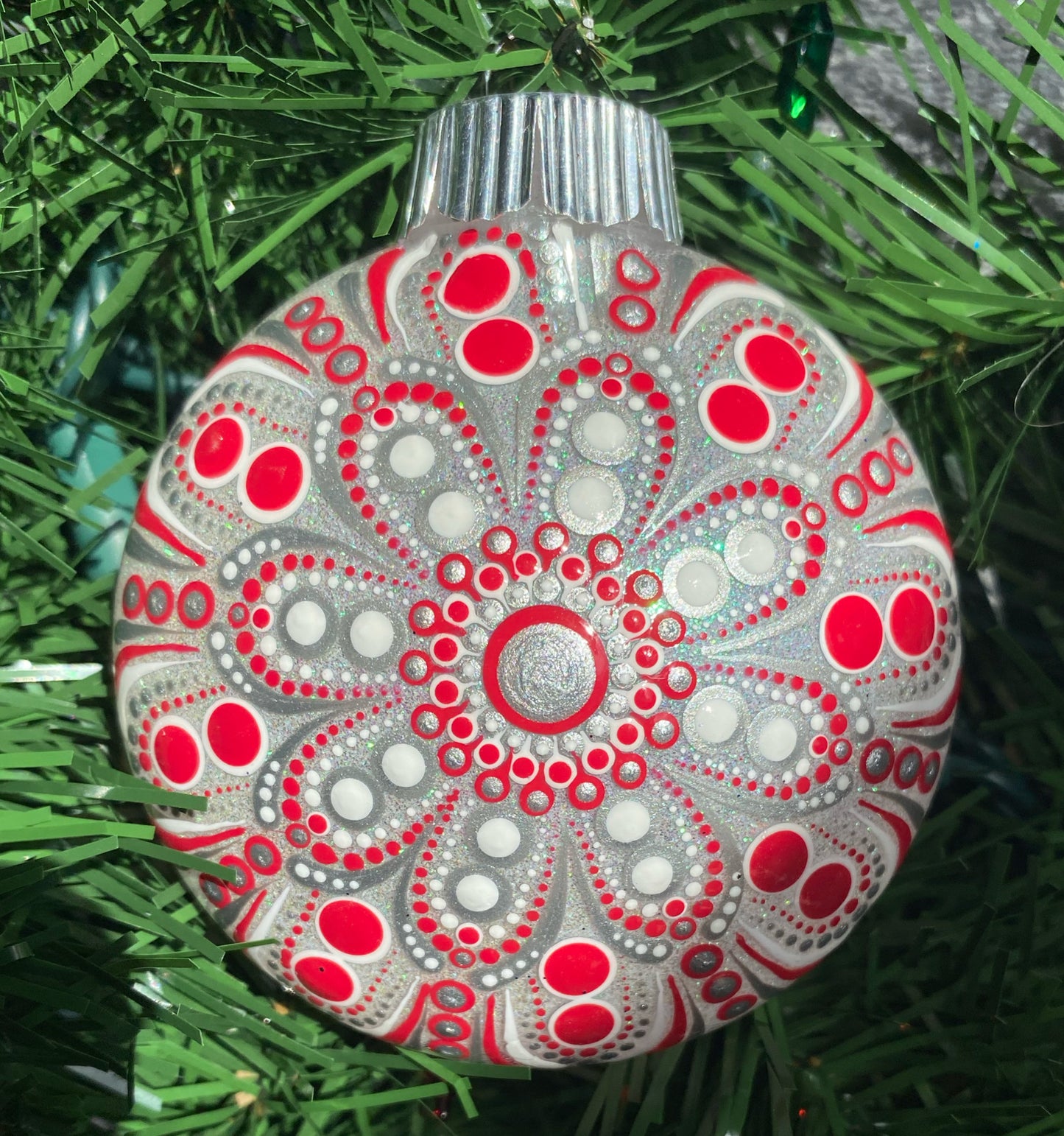 3" Red, Silver & White Glitter Ornament