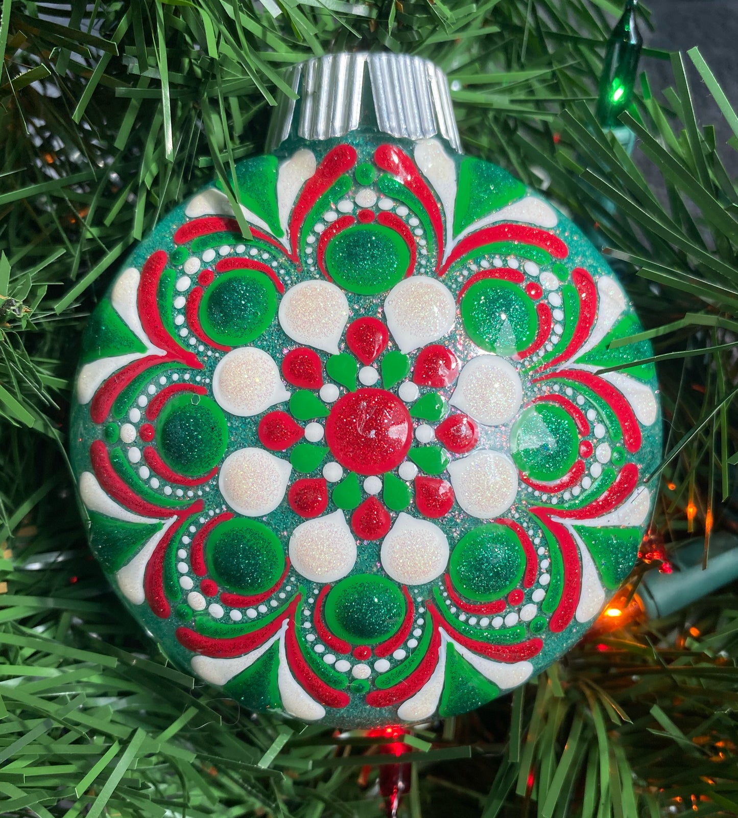 3" Red, Green & White Glitter Ornament