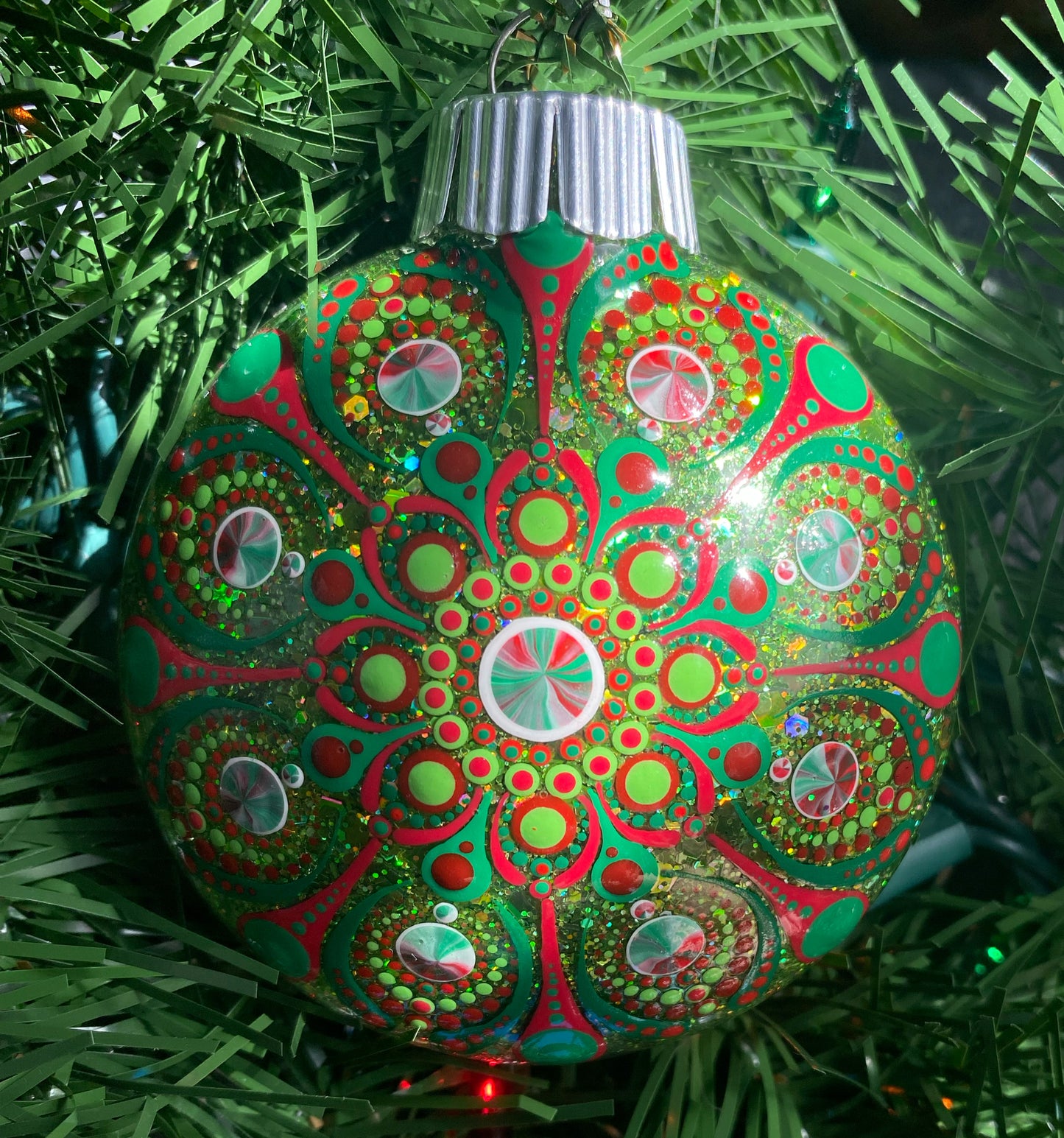 3" Red, Green & White Peppermint Glitter Ornament