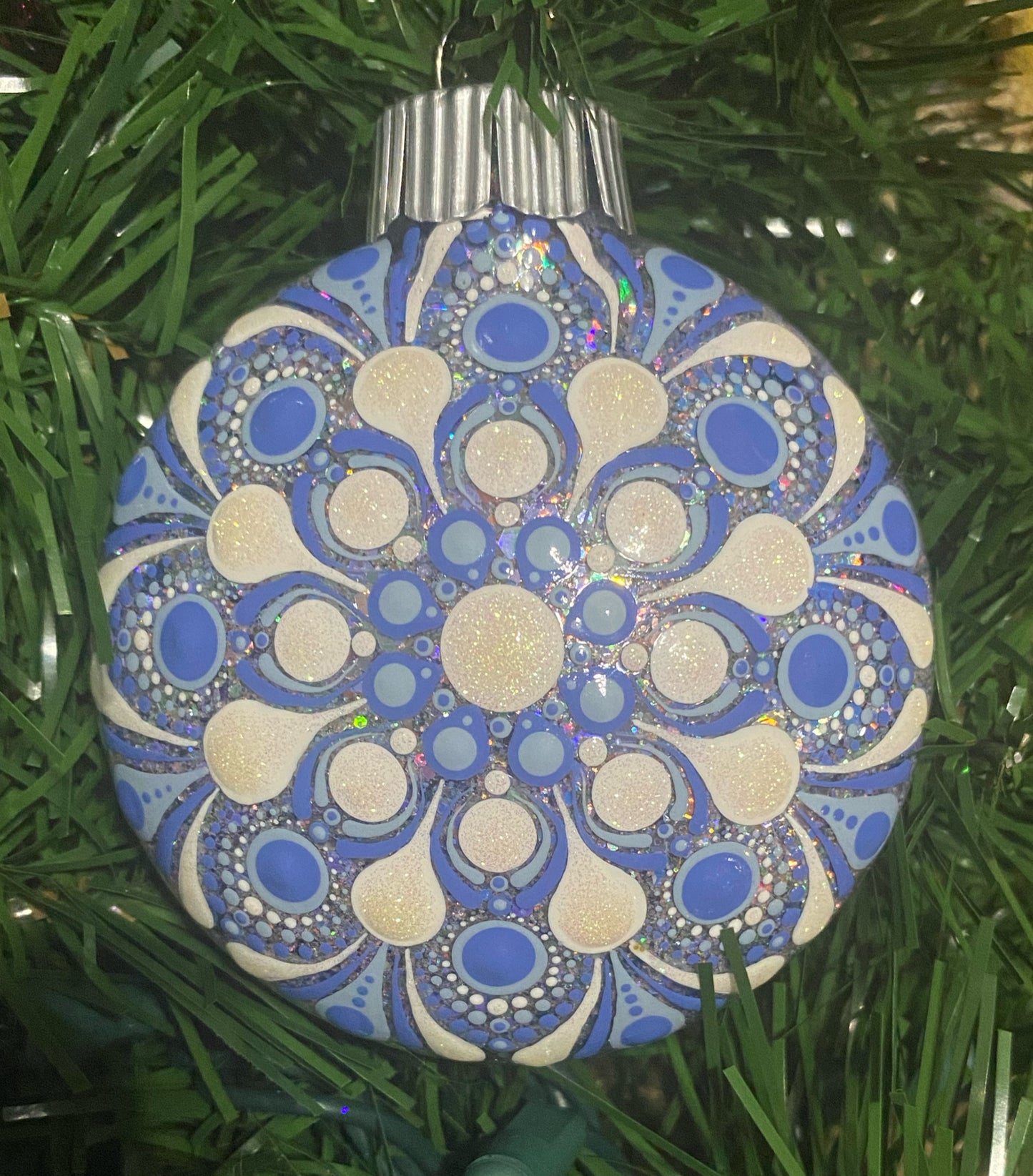 3" White & Blue Glitter Ornament