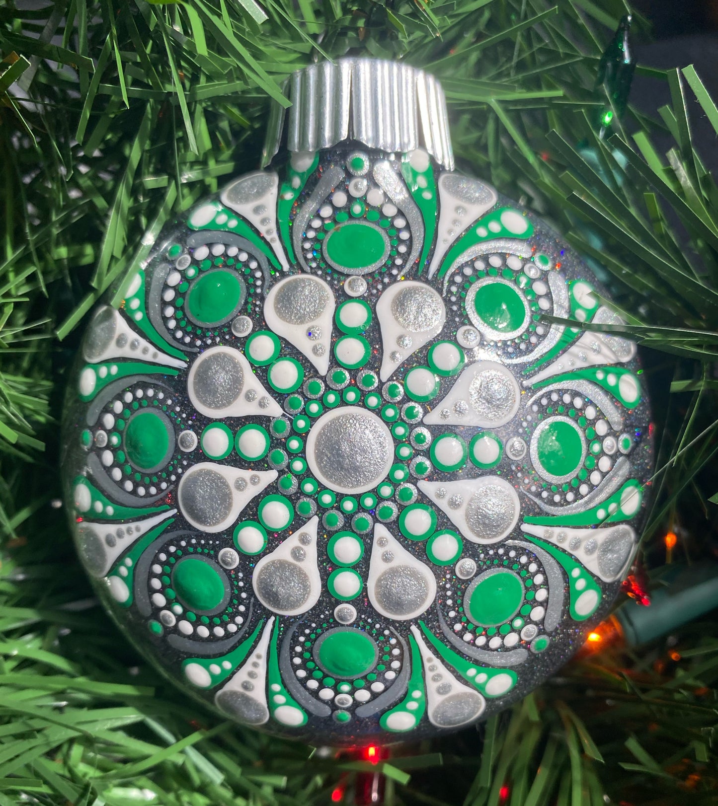 3" Green, Silver & White Glitter Ornament