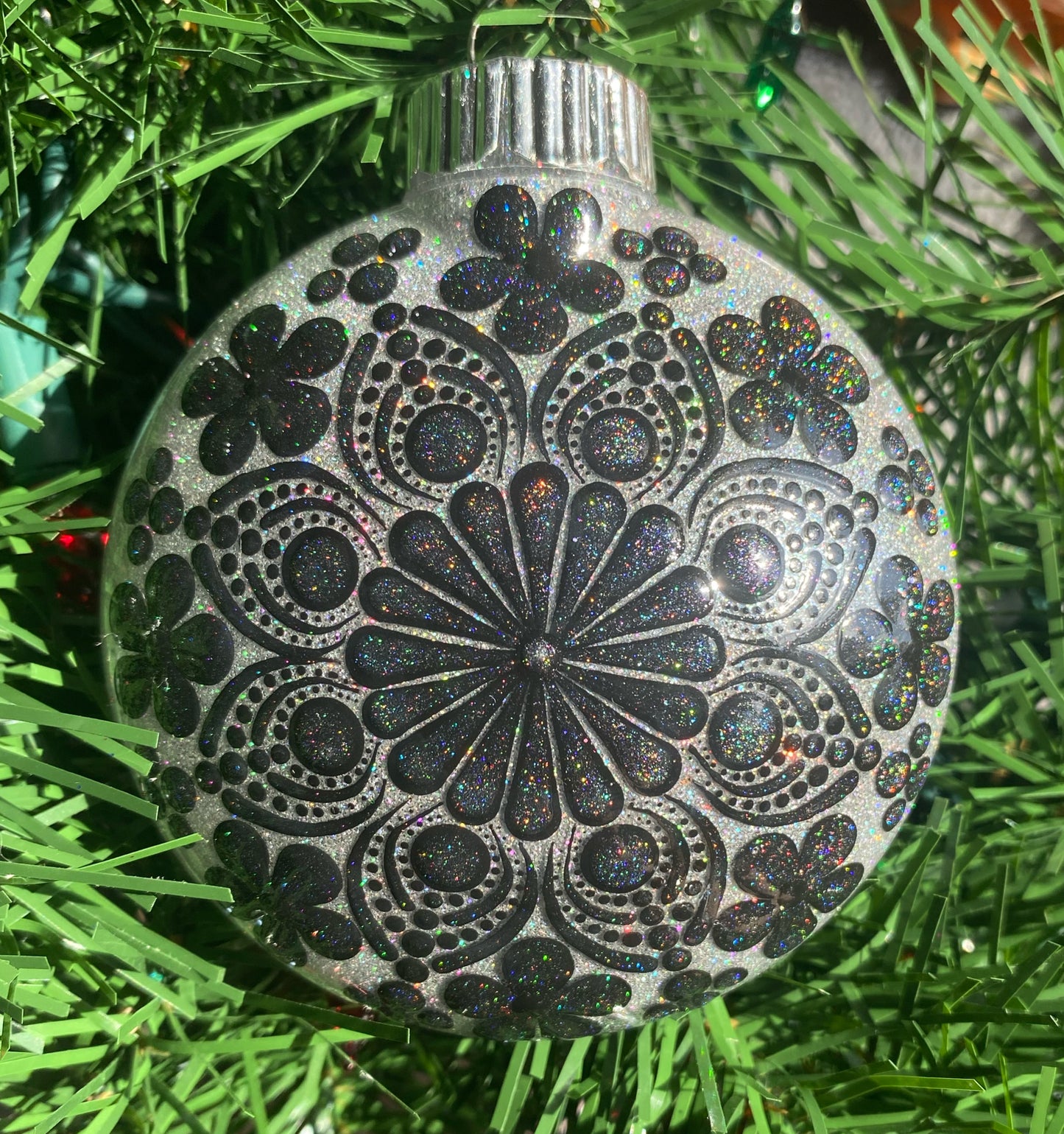 3" Hologram Black Flower Glitter Ornament