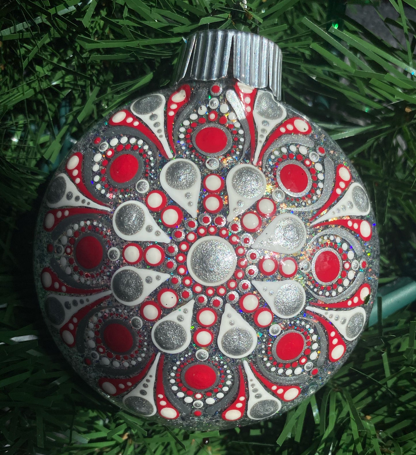 3" Red, Silver & White Glitter Ornament