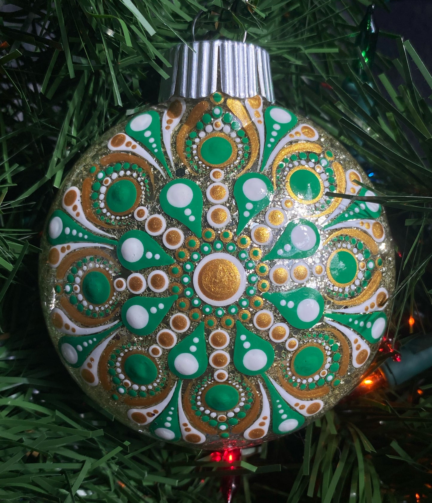 3" Green, Gold & White Glitter Ornament