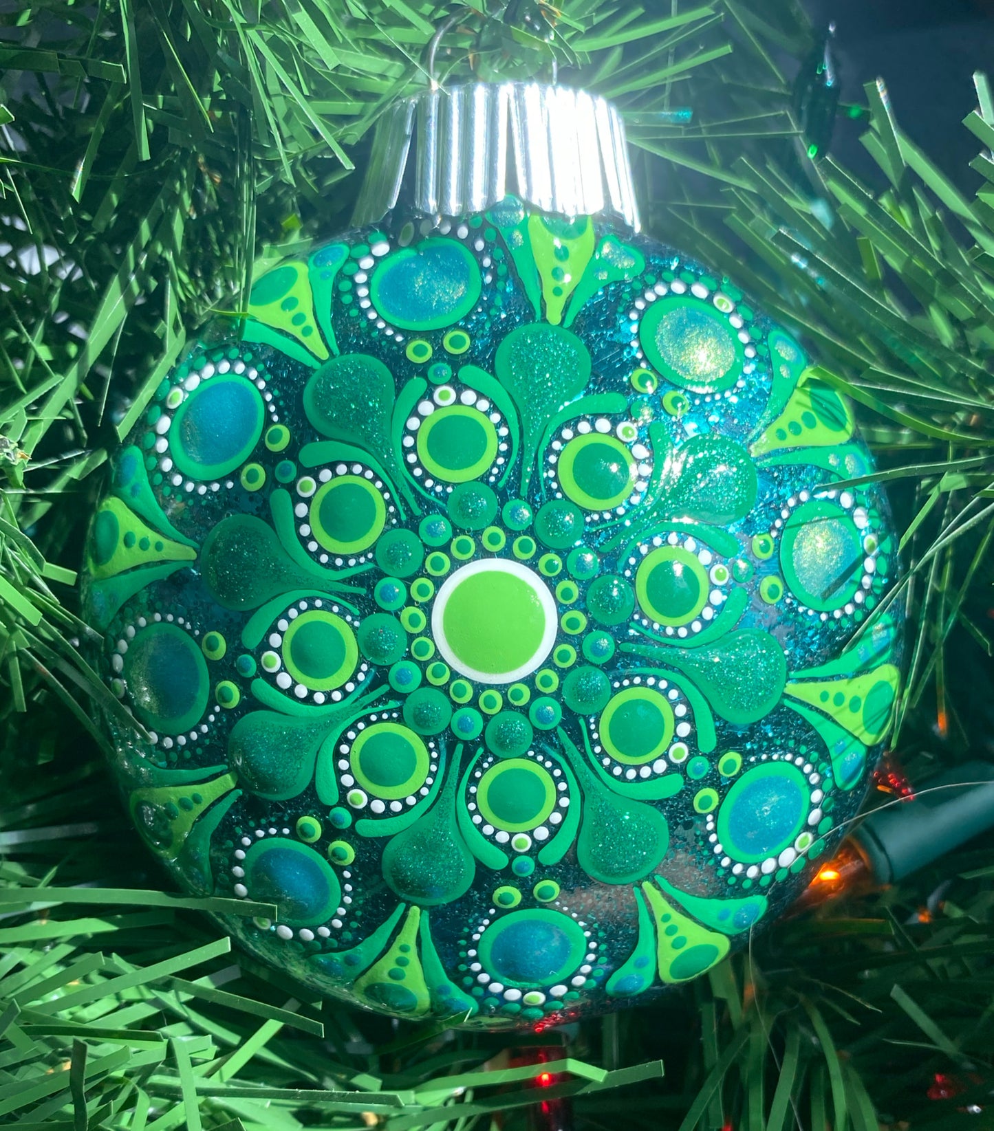 3" Green & White Glitter Ornament