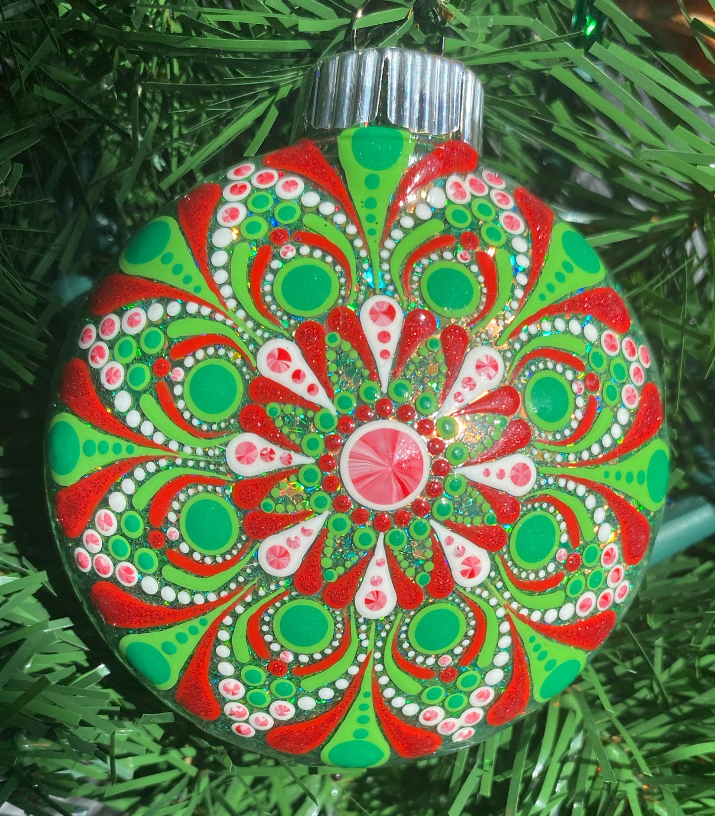 3" Green, Red & White Peppermint Glitter Ornament