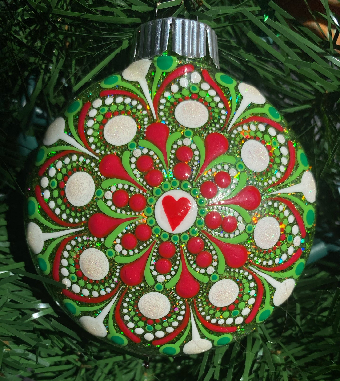 3" Red, Green & White Glitter Ornament