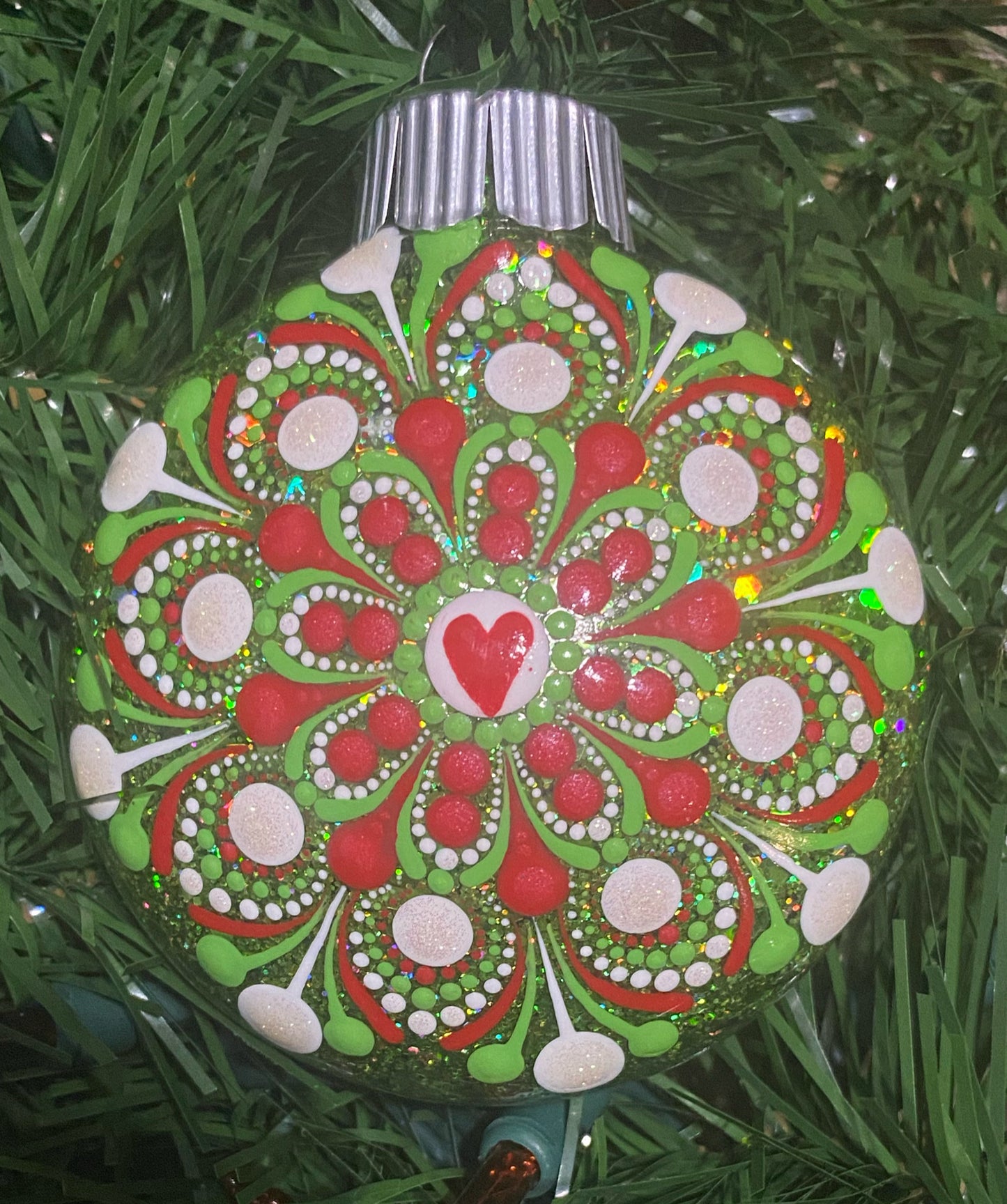 3" Green, Red & White Glitter Ornament