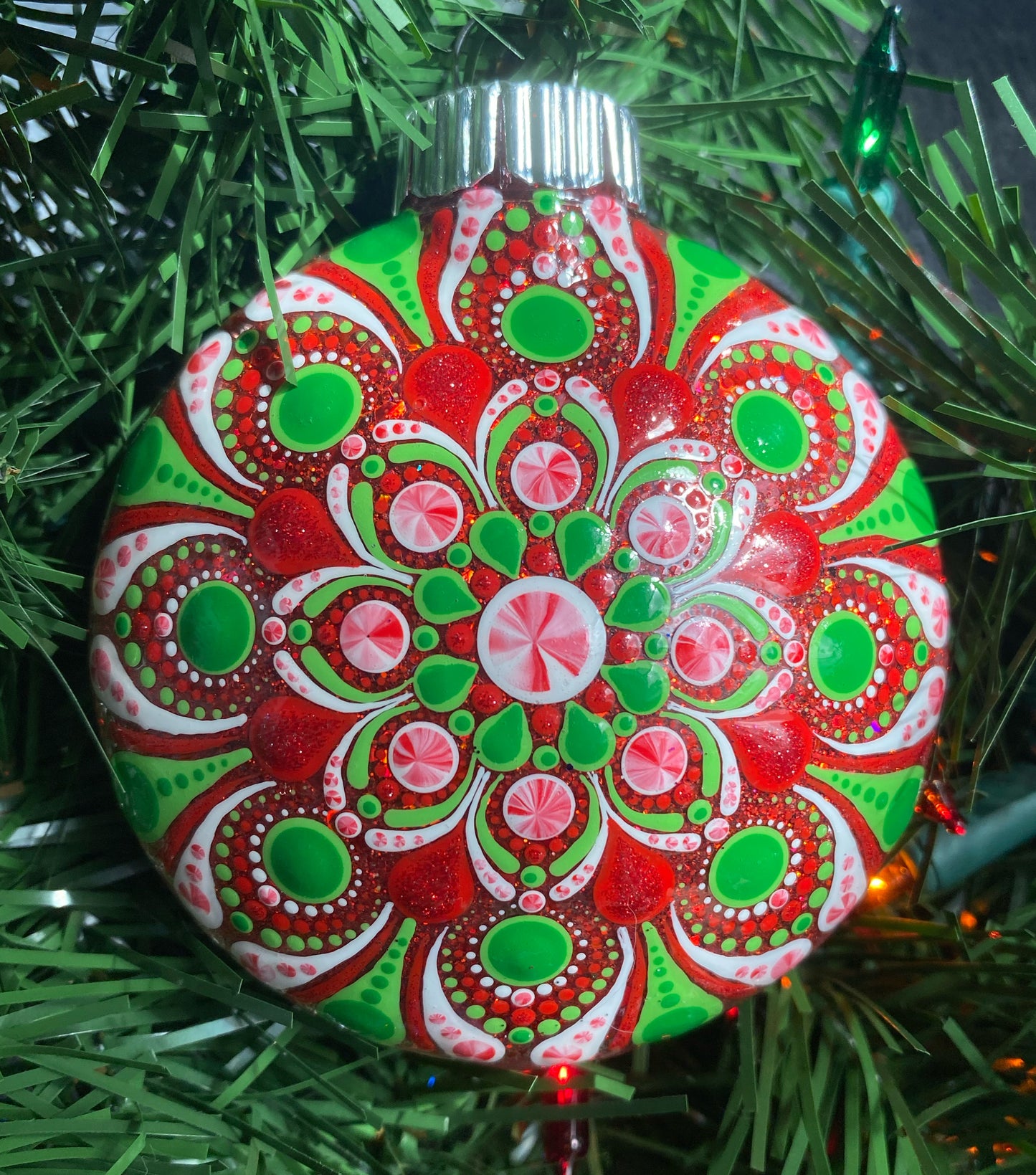 3" Red, Green & White Peppermint Glitter Ornament