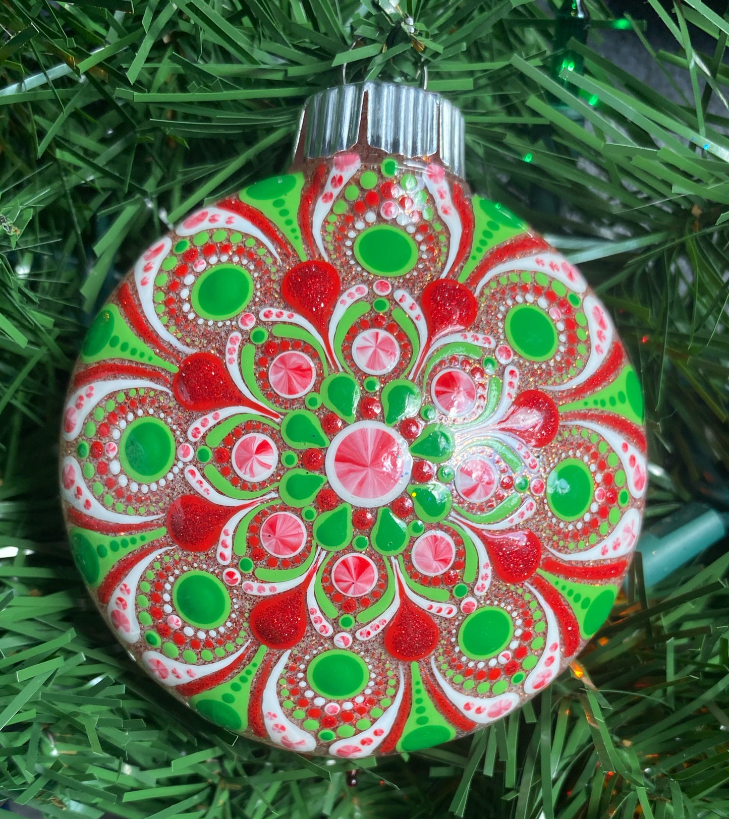 3" Red, Green & White Peppermint Glitter Ornament