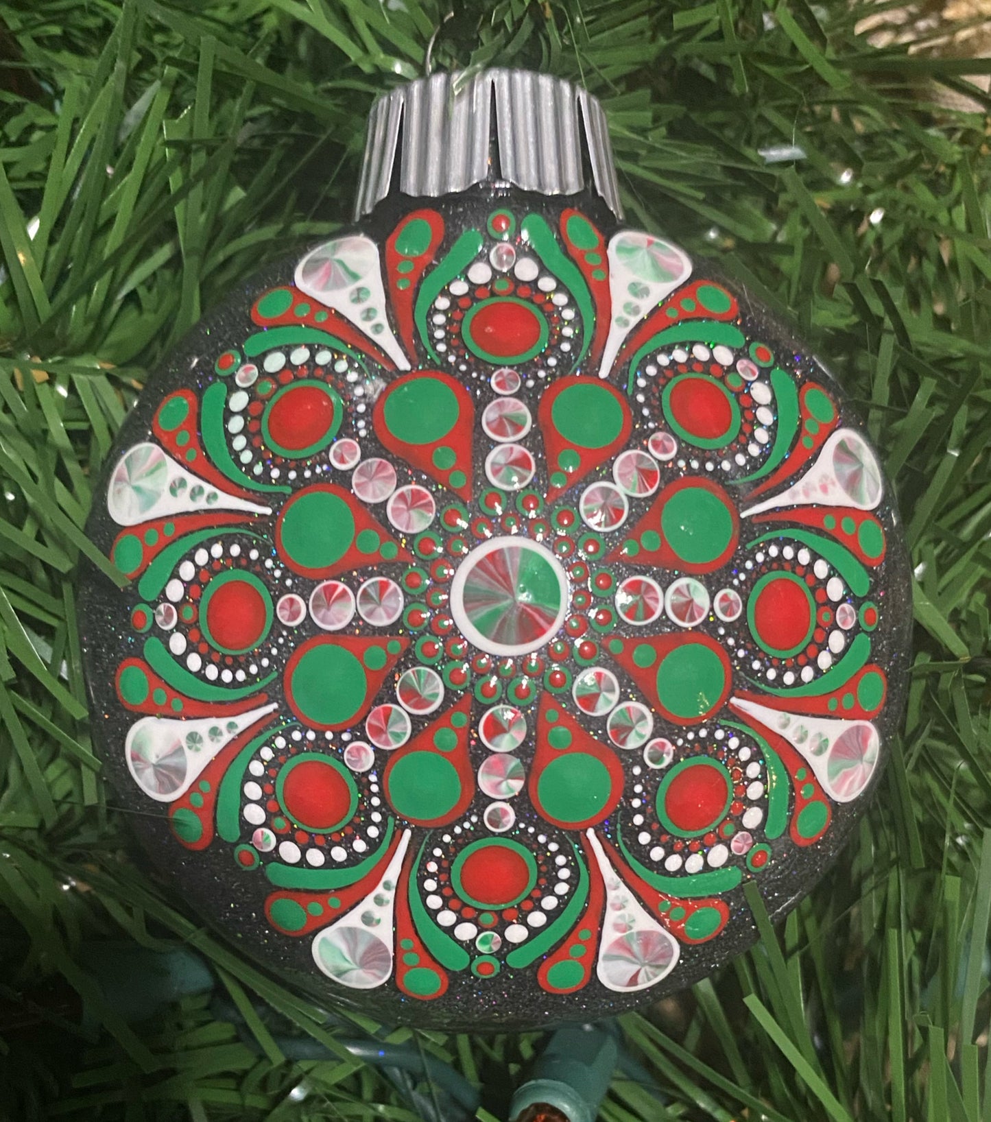 3" Green, Red & White Peppermint Glitter Ornament