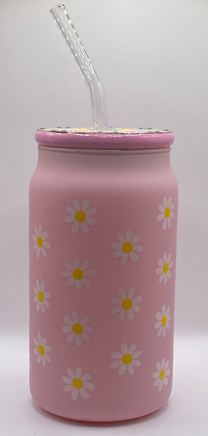 16.9 0z. Pink Daisy Glassware