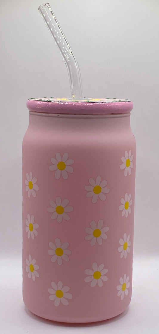 16.9 0z. Pink Daisy Glassware