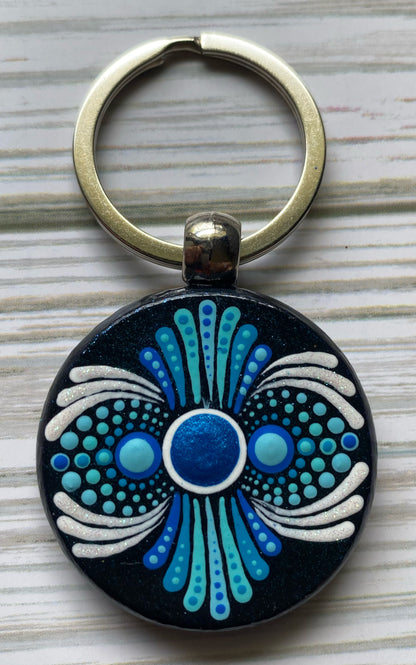 Blue & White Double Sided Wood Keychain