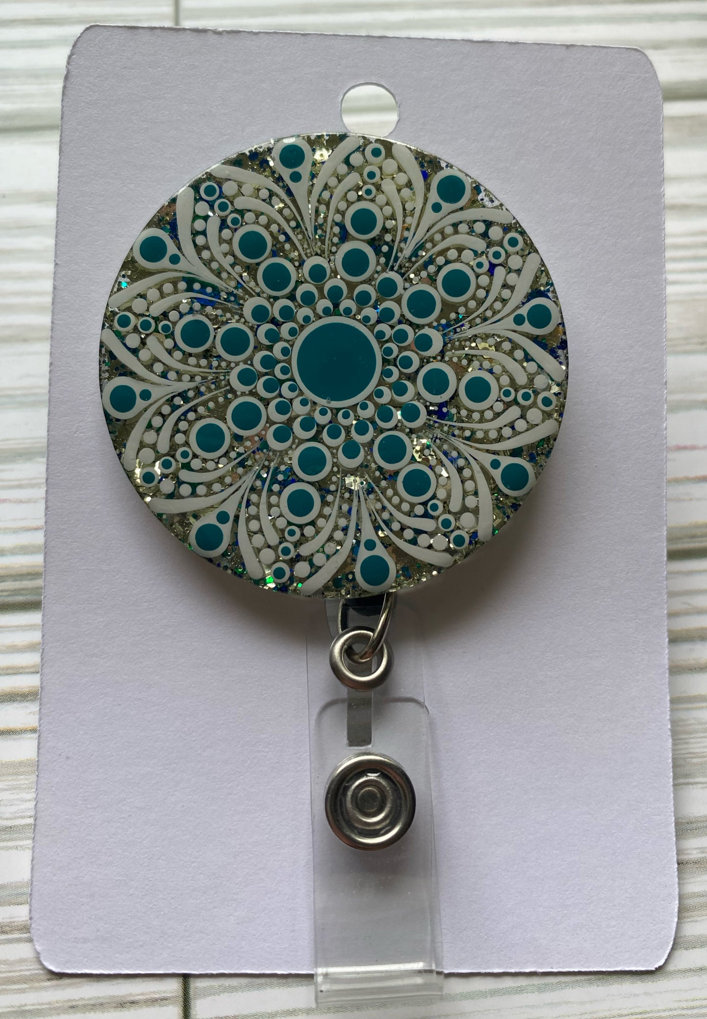 Teal & White Glitter Badge Reel